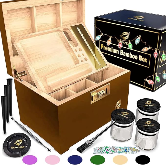 HOVANZO Premium Large Bamboo Storage Box with Removable Tray - Storage Wood Box for Herbs and Accessories - Storage Box Set with Combination Lock - Smell Proof Container with Accessories by hovanzo