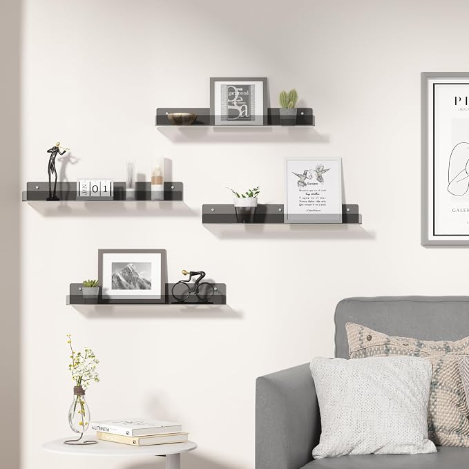 upsimples Acrylic Shelves for Wall Decor, 15" Display Shelf Perfume Organizer for Bathroom, Bedroom, Living Room, Floating Bookshelves for Kids, Clear Black, 4 Pack - Image 2