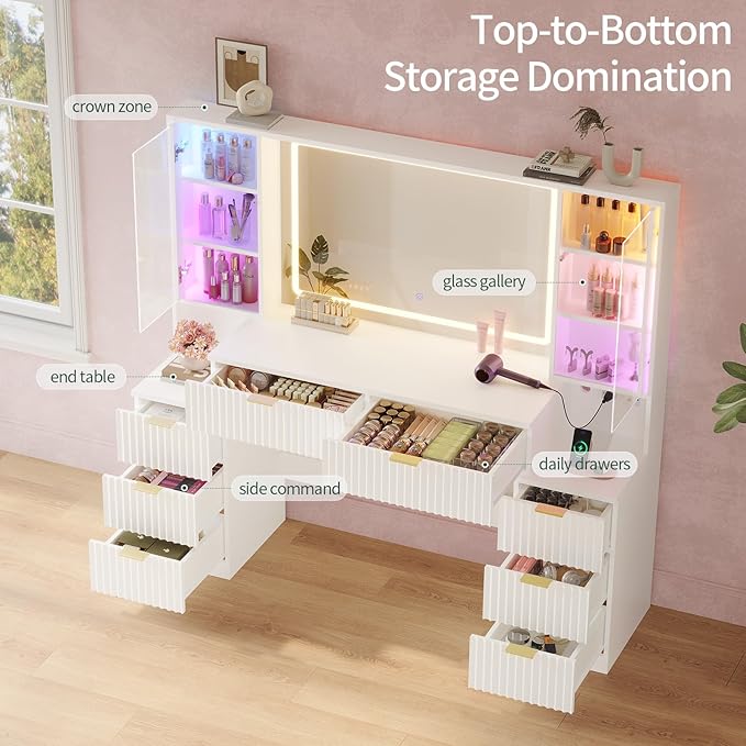 HAUOMS Big Vanity, Fluted Wood Makeup Vanity Desk with Mirror and Sound Sync LED Lights, Large Vanity Dressing Table, 8 Drawers, Charging Station for Girls, Women (White, 59.1" Width)