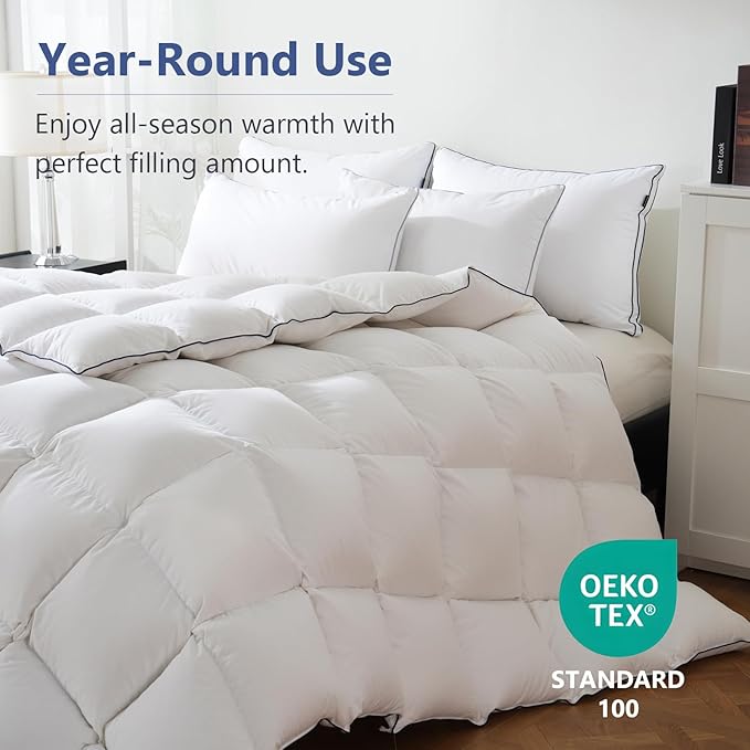 DOWNCOOL Oversized Queen Feather Down Fiber Comforter, 100% Cotton Cover Ultra Soft Fluffy Duvet Insert, All Season Hotel Style Bedding Comforters with Corner Tabs, White 98"x98"