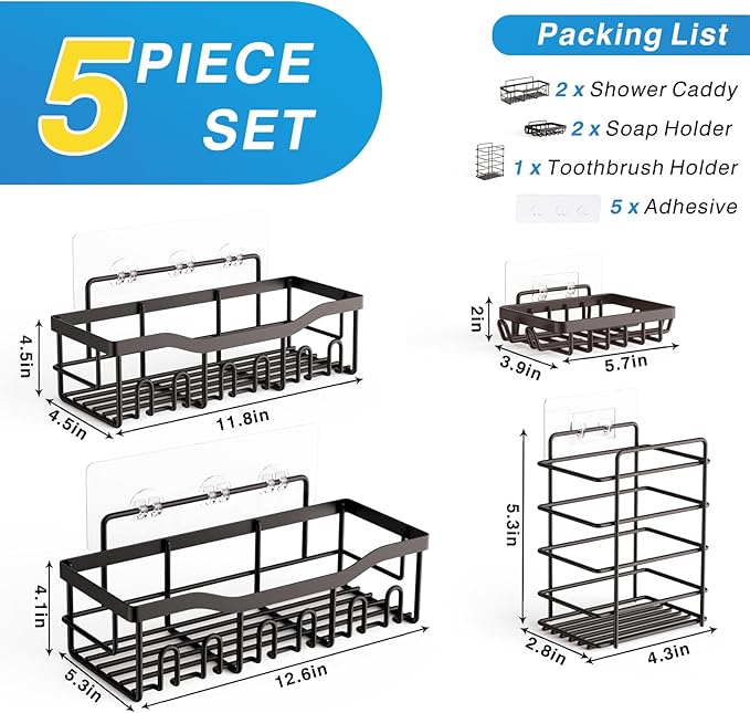 EUDELE 5-Pack Rustproof Stainless Steel Shower Caddy Set– No Drill Adhesive Bathroom Organizer, Space-Saving Shower Shelves for Apartment Essentials, Bathroom/Kitchen Storage Home Decor-L Size - Image 7
