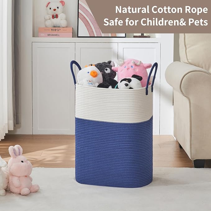 AINUOQI Laundry Basket with Handles - Blanket Basket & Hampers for Bedroom Aesthetic, Laundry Hamper & Blanket Storage for Living Room, Clothes Hamper, Tall, Large 17" x 14" x 23”, White & Dark Blue - Image 8