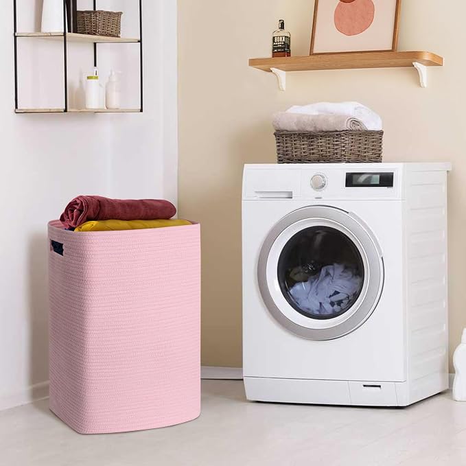 MEGASKET Large Laundry Hamper 16"x13"x22" - Tall Woven Laundry Basket, Cotton Rope Dirty Clothes Hamper, Baby Kids Nursery Wicker Laundry Basket, Bedroom Aesthetic, Soft Laundry Bin, Pink Hamper, 75L - Image 4