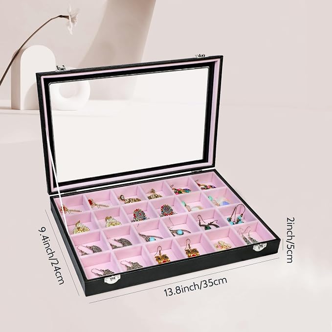 Stratalife Earring Organizer Velvet Jewelry Organizer Box Jewelry Display Storage Tray Ring Case with Clasp for Women 24 Grid (Pink Black) - Image 5