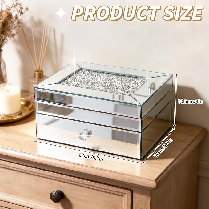 2 Layer Mirror Glass Jewelry Box with Crushed Diamond Decor, Velvet-Lined Trinket Organizer for Rings Earrings Necklaces Bracelets - Elegant Treasure Chest Storage Case for Women Girls - Image 2