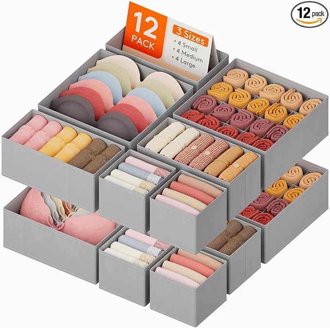 Lifewit Underwear Drawer Organizer for Closet 12 Pack, 3 Sizes Dresser Organizer Dividers, Deep Fabric Foldable Drawer Storage Organizer Bins for Clothes, Sock, Bra, Lingerie, Undies by Lifewit