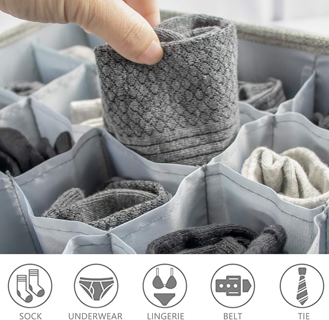 PINGMIC Gray Sock Organizer Divider 2 Pack with Lid - 30 Cell Foldable Closet Storage, Tie Organizer For Men Boxes for Socks, Ties, Belts - Image 9