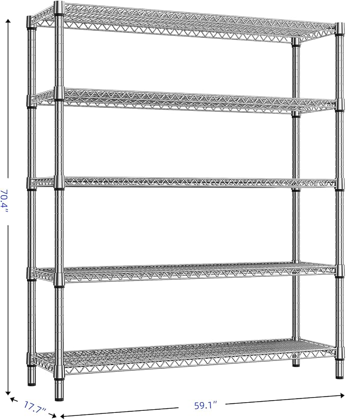 M MZG 3500LBS 59" W 5 Tier Storage Shelves Rack Metal Wire Shelving Unit, Storage Standing Shelf Organizer for Laundry Bathroom Kitchen Pantry Closet Garage, Chrome 17.7" D x 59.1" W x 70.4" H - Image 3