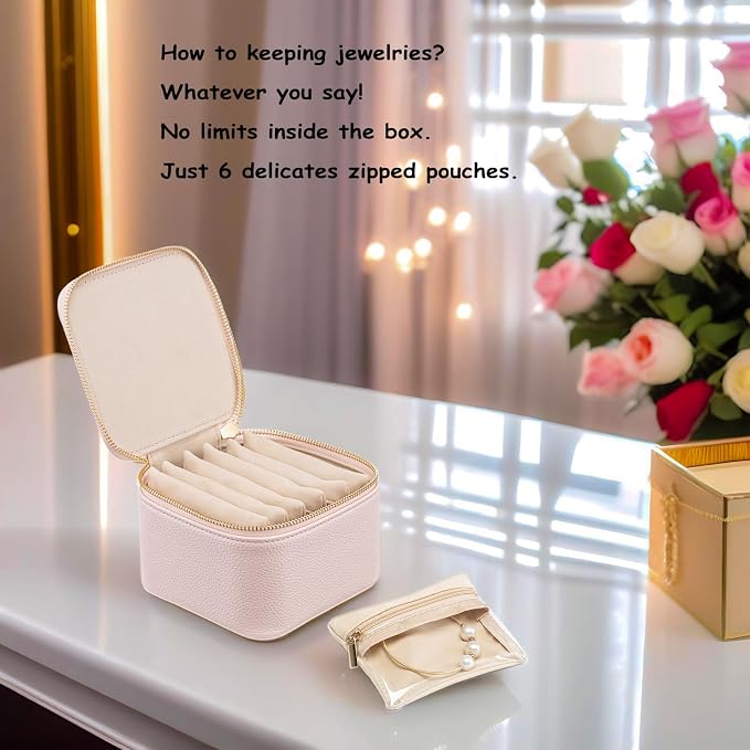 VLANDO Travel Jewelry Box Organizer – Portable PU Leather Jewelry Case with 6/8/12 Zippered Pouches, Compact Storage for Earrings Rings Necklaces Bracelets, Rosy Mauve - Image 5