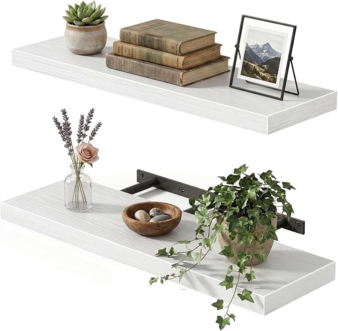Fixwal White Shelves, 22" Long Floating Shelves for Living Room, Bedroom, Bathroom and Kitchen, Wall Mounted Shelves for Storage, Books, Room Decor Set of 2 by Fixwal