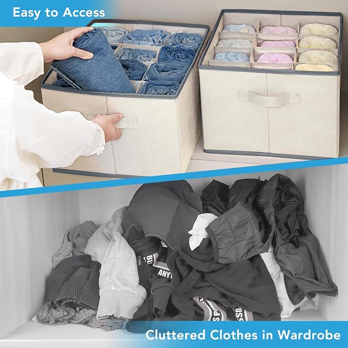 3 Pcs 12 Cell Large Size Pants Organizers for Clothes, Jeans, Sweater, T-shirt, Dress Stackable for Wardrobe Closet Drawer Organizer Storage Bin Container, Beige - Image 5