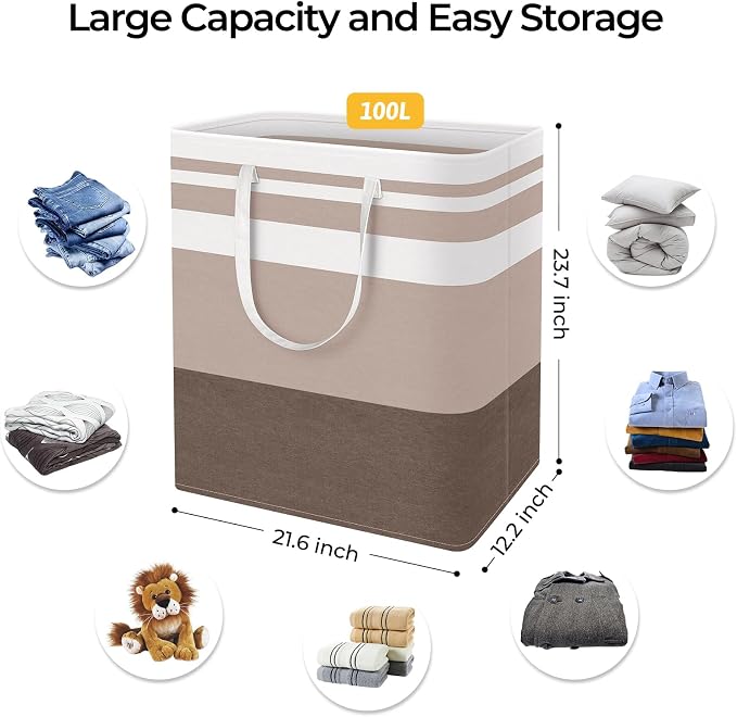 HomeHacks 2-Pack Large Laundry Basket, Waterproof, Freestanding Laundry Hamper, Collapsible Tall Clothes Hamper with Extended Handles for Clothes Toys in the Dorm and Family (Brown, 100L) - Image 4