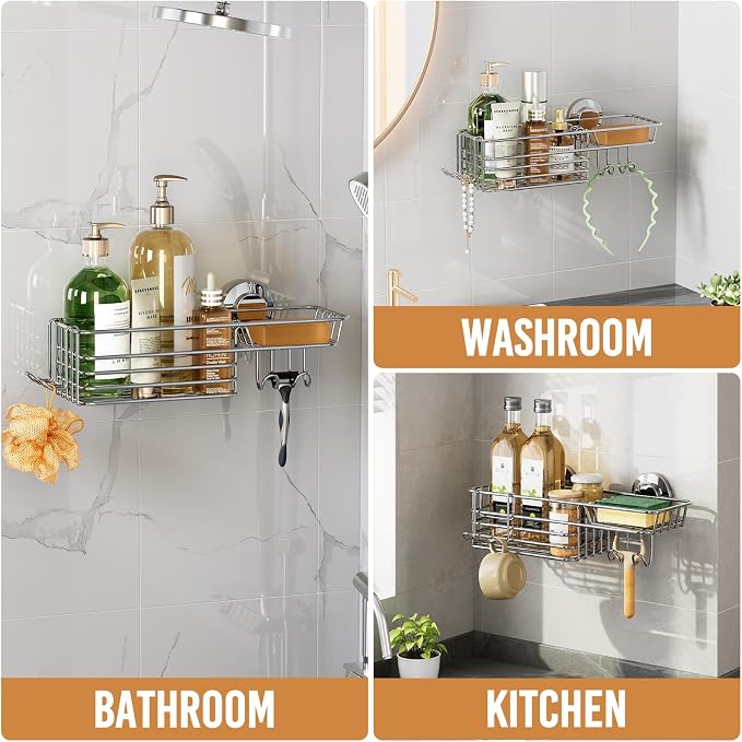 LEVERLOC Shower Caddy Suction Cup, Organizer with Hooks & Soap Holder for Inside Shower, Removable Bathroom Shelf-Silver - Image 3