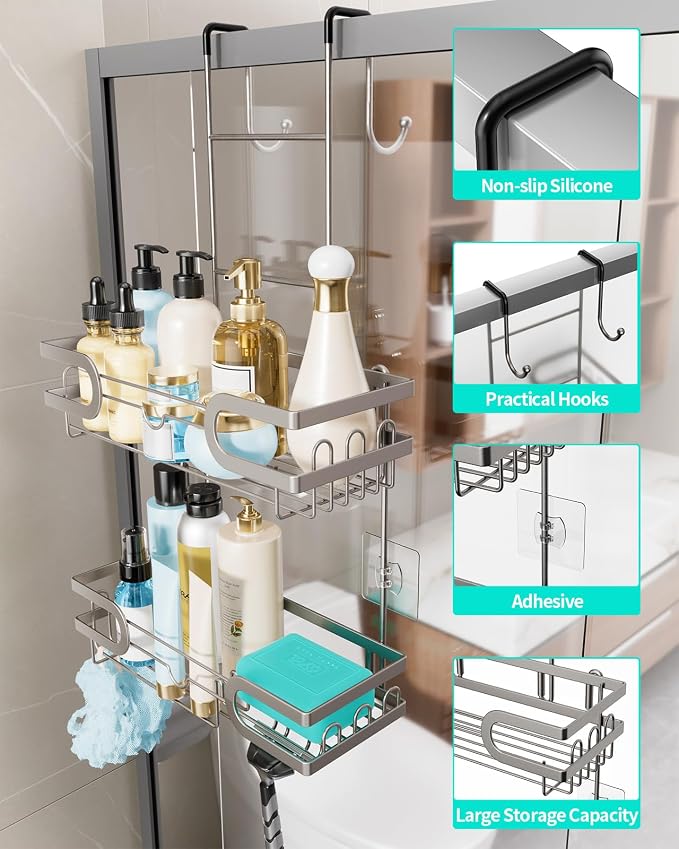 HapiRm Shower Caddy over Door- Hanging Shower Organizer with 14 Hooks and Soap Holder, Rustproof & Waterproof Stainless Steel Bathroom Shelf - Brushed Nickel - Image 2