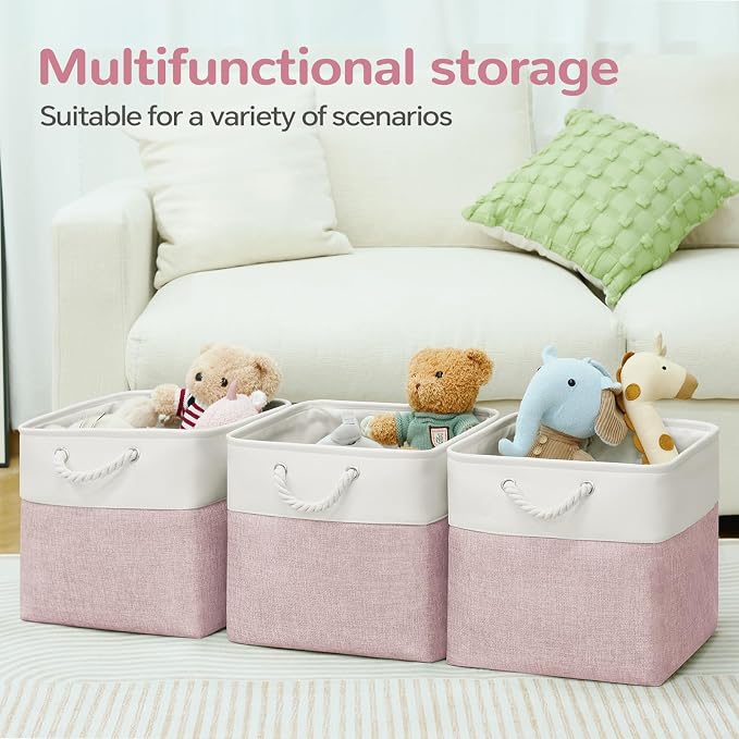 12 x 12 Inch Cube Storage Bins, 4 Pack Fabric Storage Basket with Handles, Foldable Boxes Organizer for Shelf Baskets for Home, Clothes (White/Pink) - Image 2