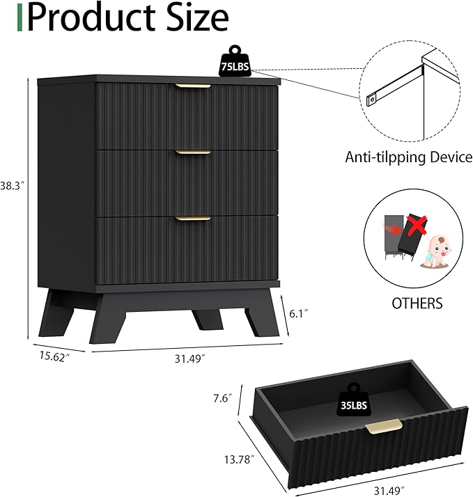 Fluted Dresser for Bedroom with 3 Drawers, 24" Wide Modern Chest of Drawers with Metal Handle, Wooden Dresser TV Stand, Wood Closet Clothes Storage Drawer Organizer for Living Room, Hallway, Black