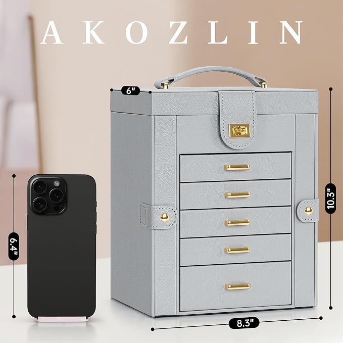 AKOZLIN Functional 6-Tier Jewelry Box Organizer with 5 Drawers Leather Jewelry Storage Case for Women Girls Ring Necklace Earring Bracelet Holder Organizer with Mirror Grey - Image 3