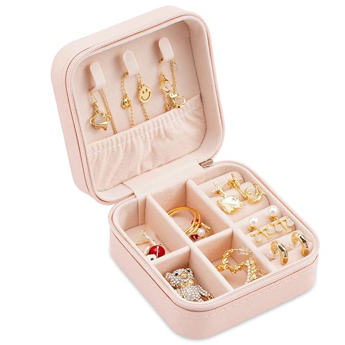 Neveika Portable Travel Mini Jewelry Box Leather Jewellery Ring Organizer Case Storage Gift Box Girls Women (pink). - Image 7