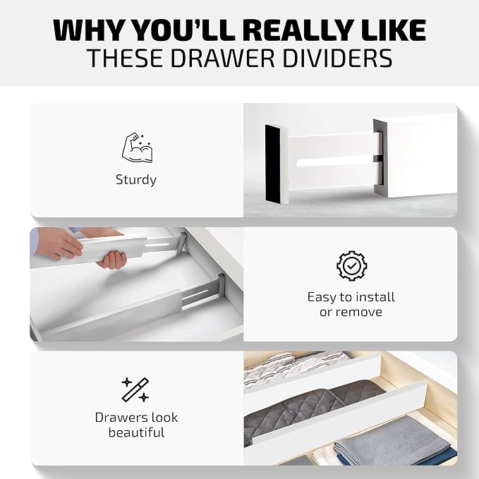 4-Pack Bamboo Drawer Dividers - 12.2 to 17.3 Inches Deep, 2.6 Inches High, Adjustable Expandable Drawer Organizer Dresser Separator for Clothes, Utensils, Kitchen, Bathroom, Office Storage, White - Image 3