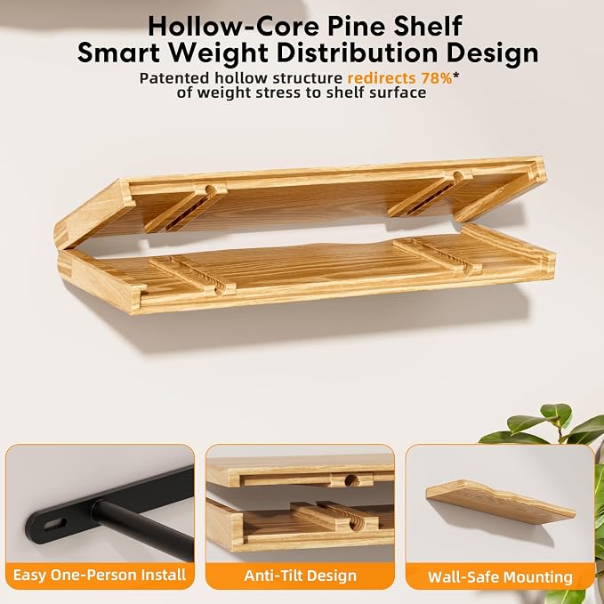 Floating Shelves for Wall 24 Inch Wooden Floating Shelves Live Edge Shelf with Unique Natural Grain Wall Mounted Rustic Pine Wood Shelf for Living Room Bedroom Kitchen Bathroom (Natural) - Image 8