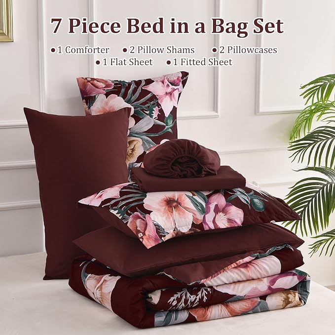 Luxudecor Burgundy Floral Comforter Set King Size 7 Piece, Flower Bed in a Bag, Elegant Comforter Bedding Set for All Season (Burgundy, 104"x90")