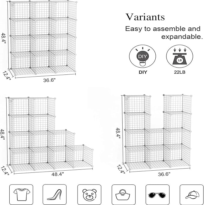 C&AHOME Wire Cube Storage, 12-Cube Storage Organizer Metal, C Grids Storage Bins Shelving, Modular Bookshelf Shelf, Closet Cabinet Ideal for Bedroom, Office 36.6”L x 12.4”W 48.4”H White - Image 3