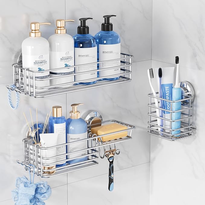 TAILI Shower Caddy Suction Cup, 3 Pack Shelves for Inside with Hooks & Soap holder Toothbrush Cups, Removable Bathroom Organizer, Rustproof Silver Holder Storage-Silver by TAILI