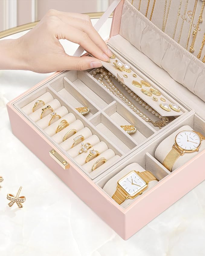 VLANDO 2 Layer Jewelry Box Large Jewelry Organizer for Mothers Day Mom Gifts Jewelery Tray with Watch Pillow for Necklace Earrings Rings Bracelets Jewelry Boxes for Holidays Gifts (Pink) - Image 6