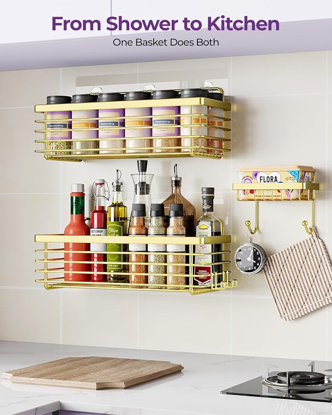ODesign Shower Caddy 3 Pack SUS304 Stainless Steel-No Drilling-Shower Bathroom Shelves Rack,Rustproof Wall Mounted,Adhesive Shower Shelf Basket Organizer-Golden - Image 6