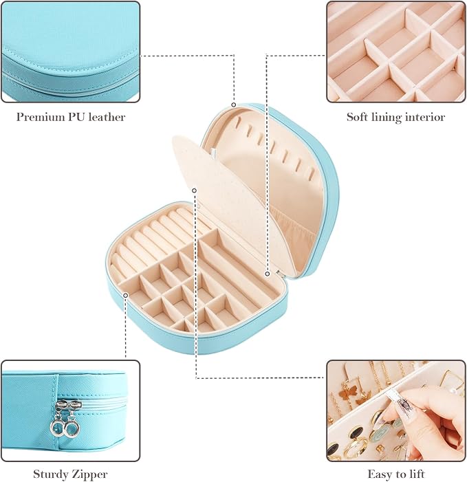 ProCase Travel Size Jewelry Box, Large Portable Seashell-Shaped Jewelry Case, 2 Layer Jewelry Organizer in PU Leather for Women -Blue - Image 5
