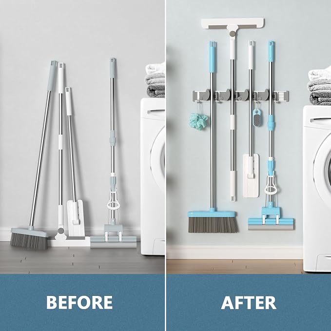 Holikme Mop Broom Holder Wall Mount Metal Pantry Organization and Storage Garden Kitchen Tool Organizer Wall Hanger for Home Goods (4 Positions with 4 Hooks, Silver) - Image 4