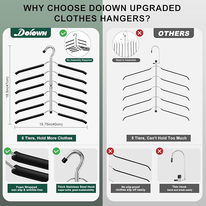 DOIOWN Space Saving 6 Tier Coat Hangers - Non Slip Foam Padded, Black Metal Sweater & T Shirt Hangers for Men & Women, 2 Pack Closet Organizers - Image 3