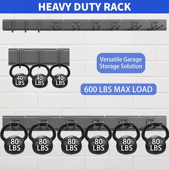 Garden Tool Organizer Wall Mount, 48inch Heavy Duty Garden Tool organizer Storage System, Easy Install With 9 Adjustable Hooks, For Garage, Basement, Shed, Workshop(Black) - Image 3