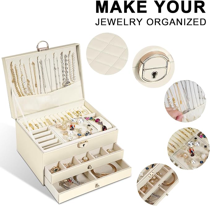 GUOER Jewelry Box for Women Girl Wife 3 Layers Large PU Leather Jewelry Organizer Storage Case with Two drawers Display for Earrings Bracelets Rings Watches (Apricot) - Image 2