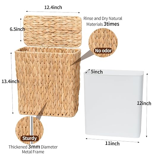 Coeusy 3 Gallon Wicker Trash Can,Small Bathroom Trash Can with Lid,Natural Water Hyacinth Wicker Waste Basket for Bedroom,Toilet,Narrow Garbage Can with Removable Liner - Image 4