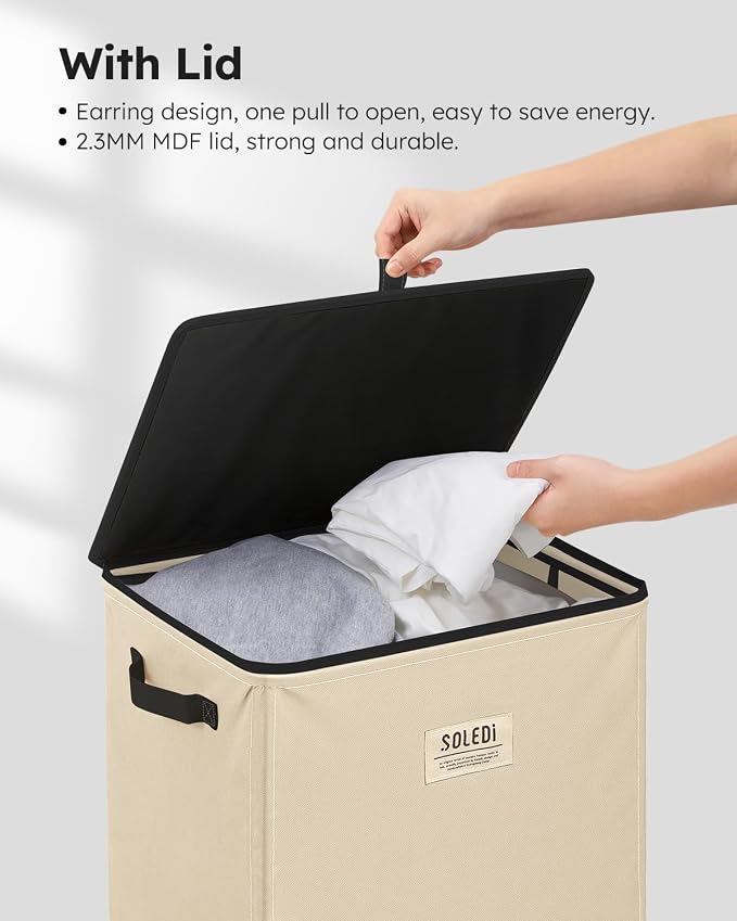 SOLEDI Laundry Hamper with Lid 100L Large & Tall Collapsible Laundry Basket, Clothes Hamper with Bag Removable Easy to Carry, Dirty Hampers for Bedroom, Bathroom, Dorm, College, Beige - Image 5