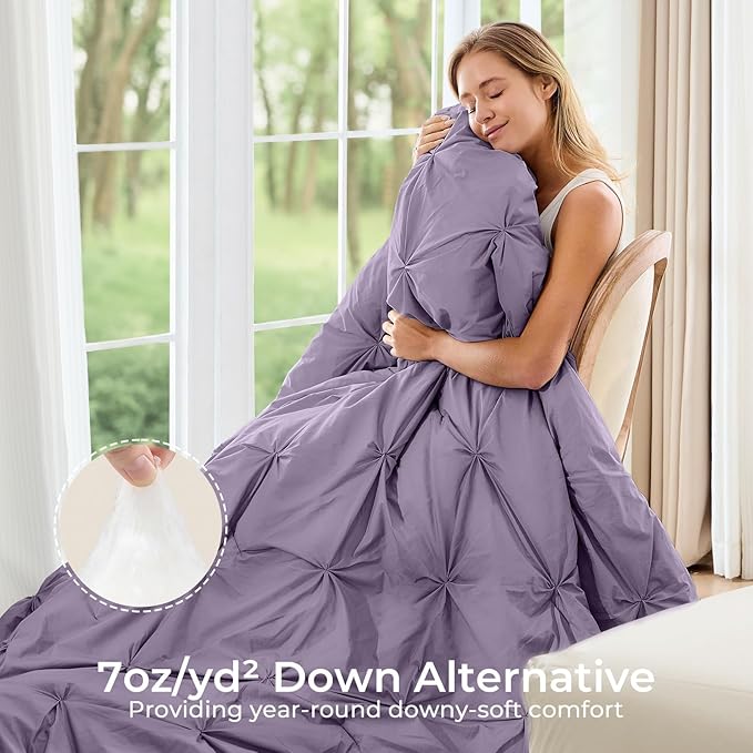 Sasttie Queen Comforter Set, 7-Piece Bed in a Bag, Pintuck Bedding Sets for All Season, Includes Comforter, Flat Sheet, Fitted Sheet, Pillowcases and Pillowshams, New Purple