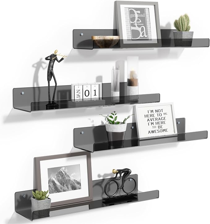 upsimples Acrylic Shelves for Wall Decor, 15" Display Shelf Perfume Organizer for Bathroom, Bedroom, Living Room, Floating Bookshelves for Kids, Clear Black, 4 Pack by upsimples