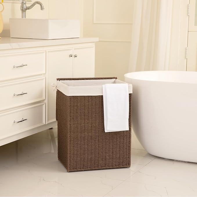 OIAHOMY Laundry Hamper with Lid, 90L(23.8 Gal) Large Wicker Laundry Basket for Bedroom, Handwoven Paper Rope Clothes Hamper with Washable Liner & Metal Frame, Decorative Organizer for Bathroom Brown - Image 7