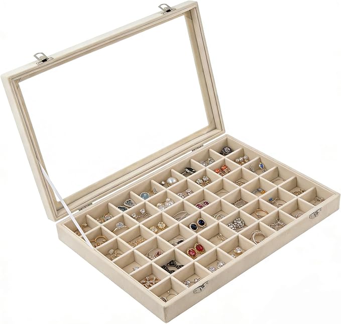 Velvet Jewelry Tray 48 Compartments Jewelry Box Display Organizer with Transparent Cover Earrings, Rings,Necklaces, Pendants Storage Box for Girls, Women,Wife, Mother(Beige) by EONGOA