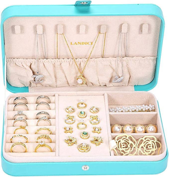 LANDICI Small Jewelry Box for Women Girls, PU Leather Travel Jewelry Organizer Case, Portable Jewellery Storage Holder Display for Ring Earrings Necklace Bracelet Bangle Watch Men Kids Gift, Lake Blue - Image 5