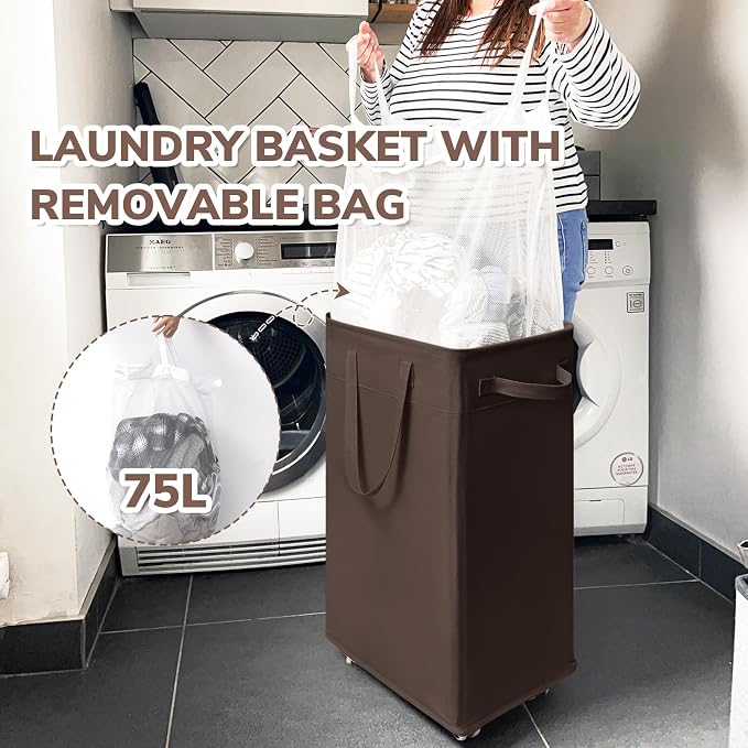 CHICVITA Rolling Laundry Hamper with Wheels, 75L Clothes Hampers for Laundry and Removable Wash Bag, Large Laundry Basket for Living Room, Coffee - Image 5
