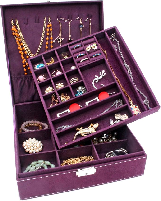 Two-Layer Jewelry Box Organizer Display Storage case with Lock (Purple) - Image 2