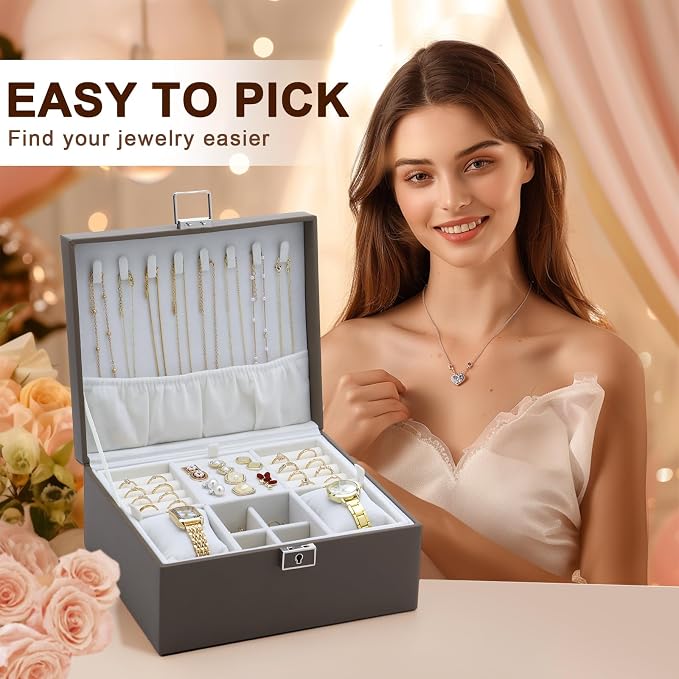 Jewelry Organizer Boxes for Women,Travel Jewelry Case, 2 Layers Removable Jewelry Box,Storage for Necklace, Bracelet, Earring,Rings,Jewelry Box Gifts for Women Girls - Image 3