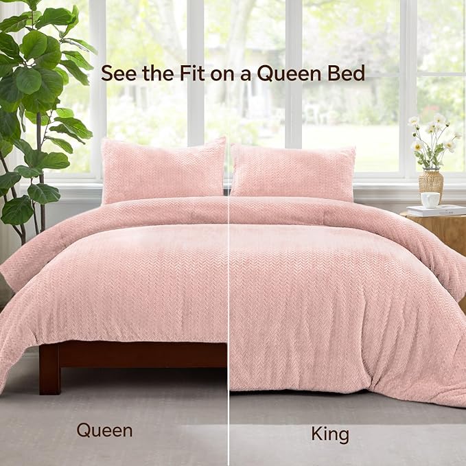 Flannel Fleece Comforter King Set - Furry Pink Leaves Pattern Faux Fur Bed Set, Winter Ultra Soft Fuzzy Comfort Set, Velvet Bedding Set for Bed with 2 Pillow Cases