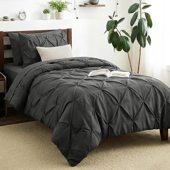 CozyLux Twin Comforter Set with Sheets Dark Grey, 5 Pieces Pintuck Bed in A Bag, Twin Bed Set Gift for Family, Pinch Pleat Bedding Set with Comforter, Sheets, Pillowcase & Sham