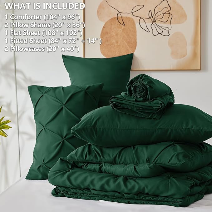 CozyLux California King Comforter Set Emerald Green - 7 Pieces Cal King Pintuck Bed in A Bag Gift for Family, Pinch Pleat Bedding Sets with All Season Comforter, Sheets, Pillowcases & Shams