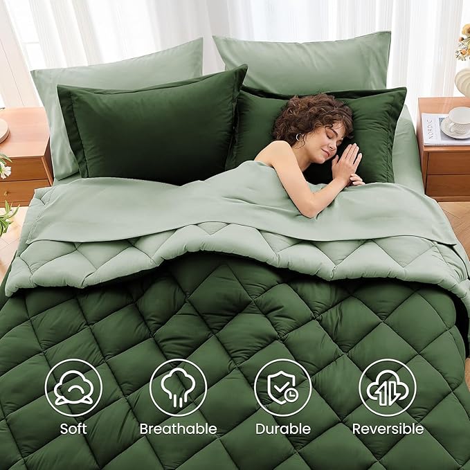 MUXHOMO 5 Pieces Twin XL Comforter Set, Reversible Bed in a Bag Twin XL Size, All Season Bedding Set with Comforter, Flat Sheet, Fitted Sheet, Pillowcases & Shams, Dark Green & Light Green