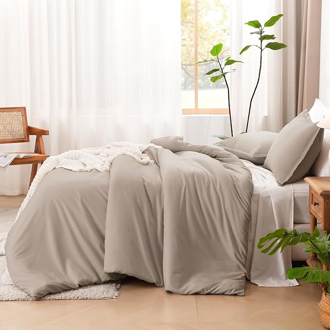 Litanika Light Coffee Comforter King Size, 3 Pieces Lightweight Solid Bedding Comforter Set, All Season Fluffy Bed Set