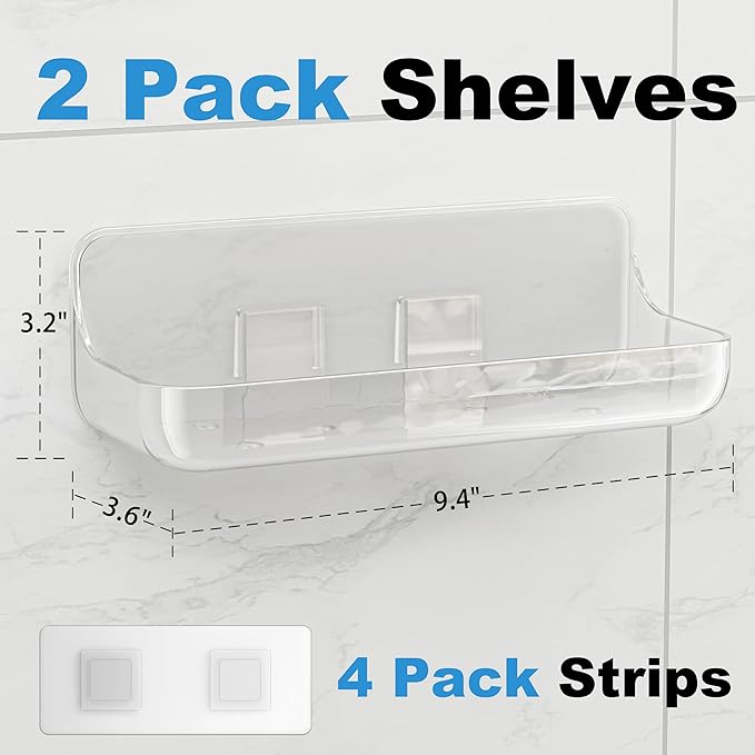 Adhesive Shower Caddy, 2 Pack Acrylic Bathroom Shelves, No Drill Wall Mount Organizer Storage Shelf - Image 2